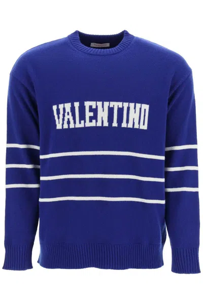 Shop Valentino Pullover With Jacquard Lettering Logo In Blu