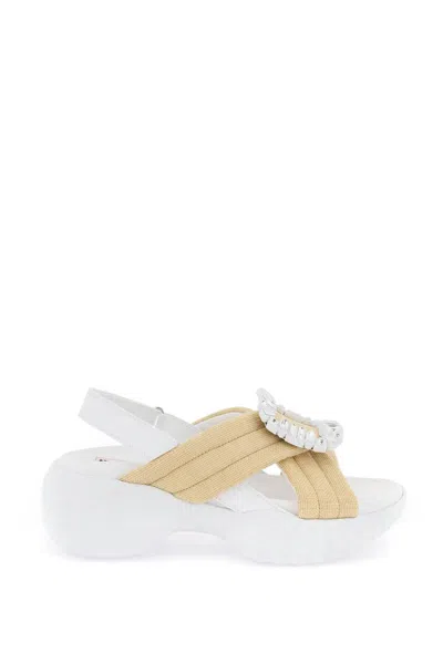 Shop Roger Vivier Raffia Viv' Run Light Sandals With Rhinestone Buckle In Bianco