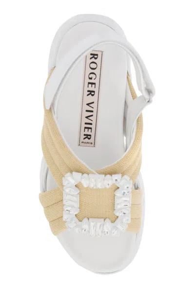Shop Roger Vivier Raffia Viv' Run Light Sandals With Rhinestone Buckle In Bianco