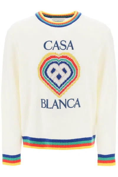 Shop Casablanca Rainbow Heart Virgin Wool Sweater In Bianco