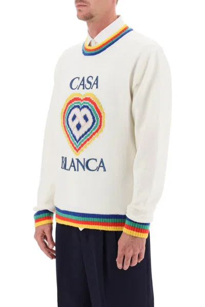 Shop Casablanca Rainbow Heart Virgin Wool Sweater In Bianco