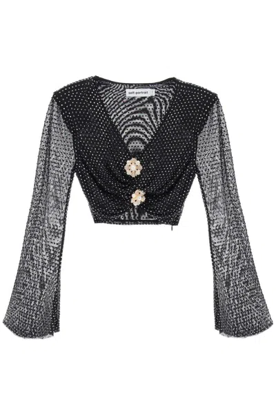 Shop Self-portrait Rhinestone-studded Cropped Top With Diamanté Brooches In Nero