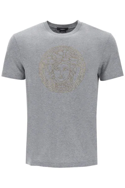 Shop Versace Rhinestones Medusa T-shirt In Grigio