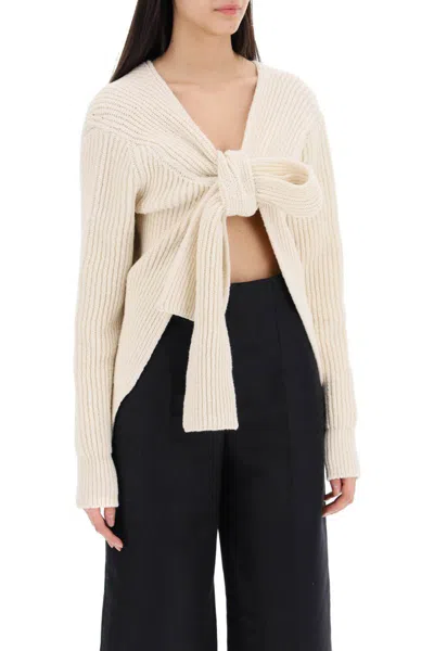 Shop Jil Sander Ribbed Sweater With Tieable Closure In Beige