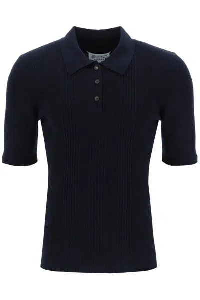 Shop Maison Margiela Ribbed Stretch Polo Shirt In Blu