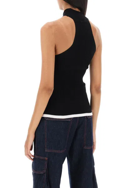 Shop Msgm Ribbed Tank Top With Halterneck In Nero