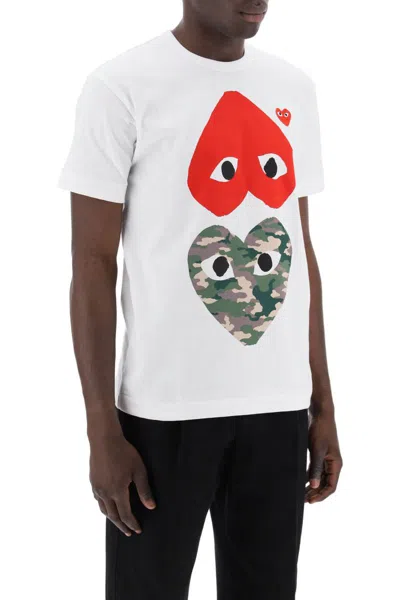 Shop Comme Des Garçons Play Round-neck T-shirt With Double Heart Print In Bianco