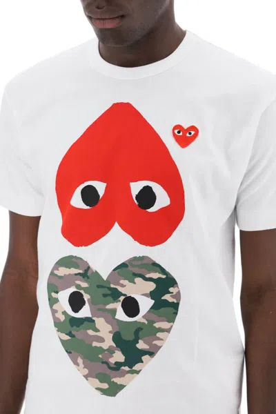 Shop Comme Des Garçons Play Round-neck T-shirt With Double Heart Print In Bianco