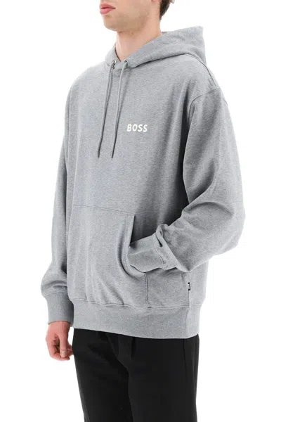 Shop Hugo Boss Rubberized Logo Detail Hoodie In Grigio