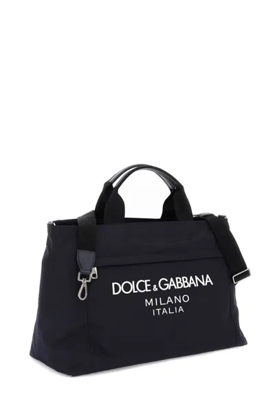 Shop Dolce & Gabbana Rubberized Logo Nylon Duffle Bag In Blu