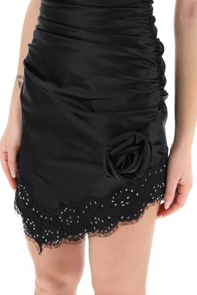 Shop Alessandra Rich Ruched Mini Dress With Diamanté Lace Trim In Nero