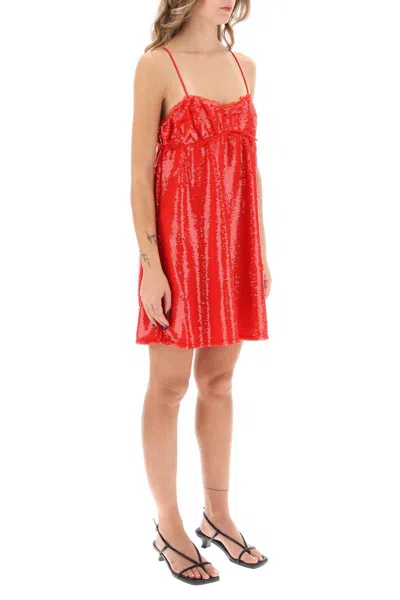 Shop Ganni Sequin Mini Dress In Rosso