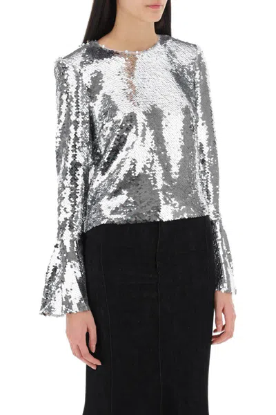 Shop Self-portrait Sequined Cropped Top In Argento
