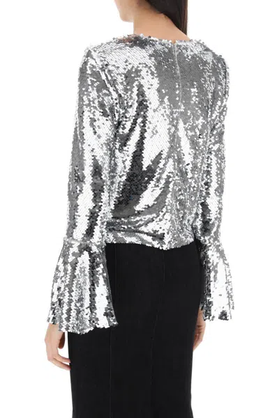Shop Self-portrait Sequined Cropped Top In Argento