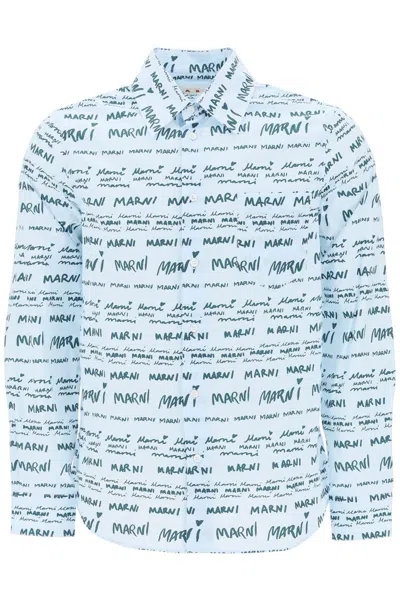 Shop Marni Shirt With Logo Lettering Motif In Celeste