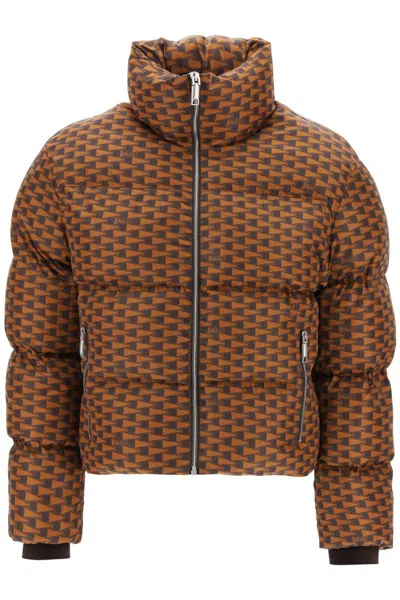 Shop Bally Short Puffer Jacket With Pennant Motif In Marrone