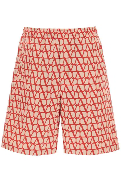 Shop Valentino Shorts In Silk Faille With Toile Iconographe Motif In Beige