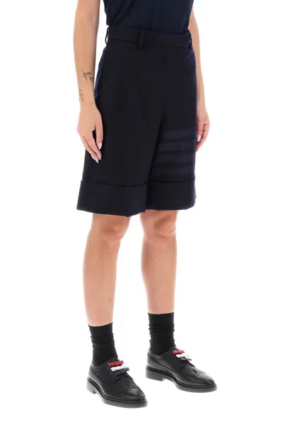 Shop Thom Browne Shorts In Flannel With 4-bar Motif In Blu