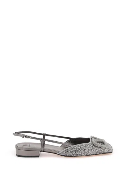 Shop Valentino Signature Vlogo Flat Slingback With Crystals In Grigio