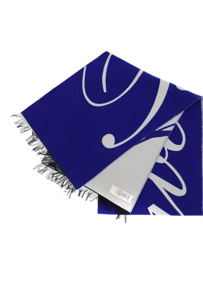 Shop Burberry Silk And Wool Logo Scarf In Blu