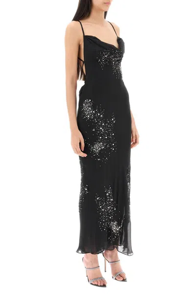 Shop Des_phemmes Silk Chiffon Maxi Dress With Crystal Appliques In Nero