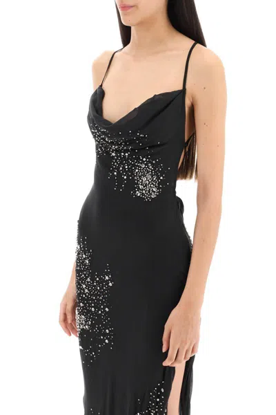 Shop Des_phemmes Silk Chiffon Maxi Dress With Crystal Appliques In Nero