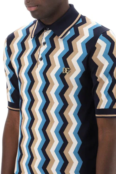 Shop Dolce & Gabbana Silk Polo Shirt With Zigzag In In Blu