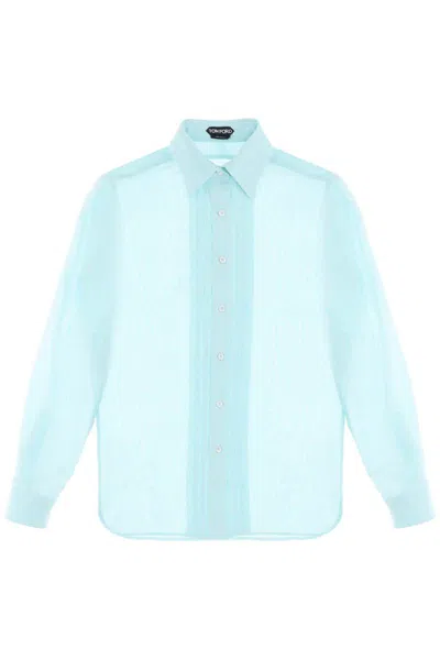 Shop Tom Ford Silk Shirt With Plastron In Celeste
