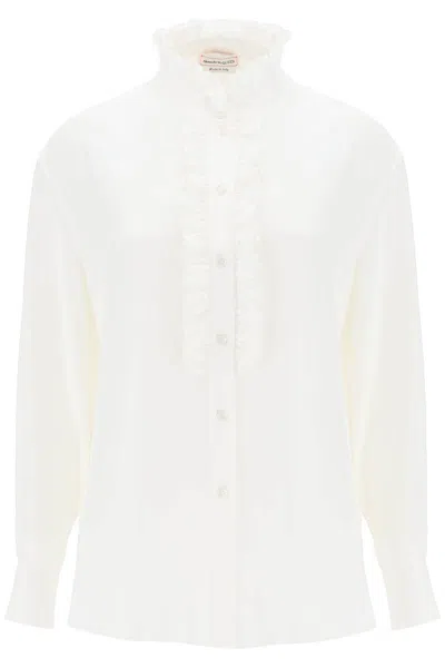 Shop Alexander Mcqueen Silk Satin Shirt With Ruffles In Bianco