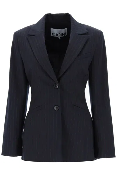 Shop Ganni Single-breasted Pinstriped Blazer In Blu