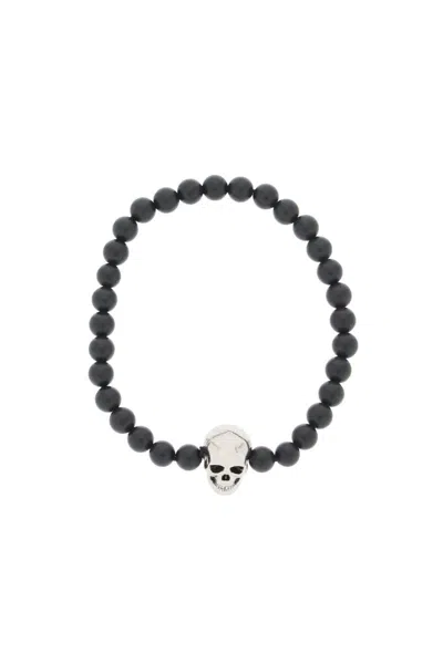 Shop Alexander Mcqueen Skull Bracelet With Pearls In Nero