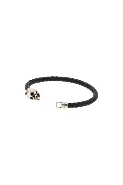 Shop Alexander Mcqueen Skull Braided Leather Bracelet In Nero