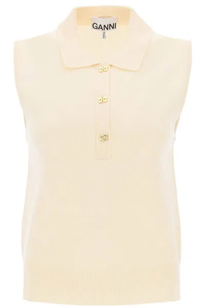 Shop Ganni Sleeveless Polo Shirt In Wool And Cashmere In Beige