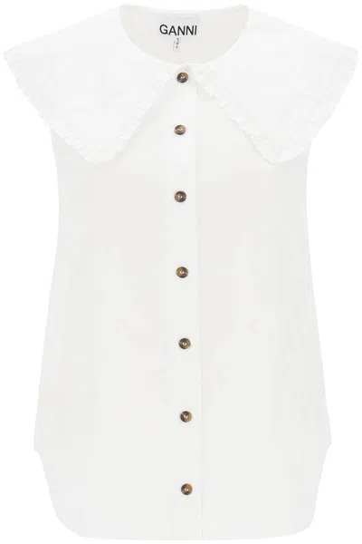 Shop Ganni Sleeveless Shirt With Maxi Collar In Bianco