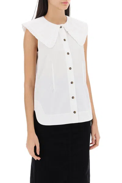 Shop Ganni Sleeveless Shirt With Maxi Collar In Bianco