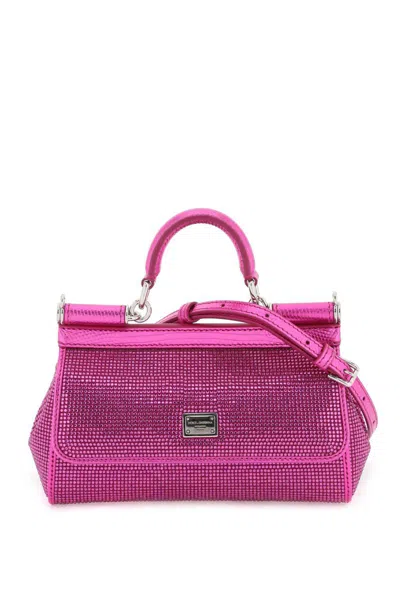 Shop Dolce & Gabbana Small 'sicily' Satin Bag With Rhinestones In Fuxia