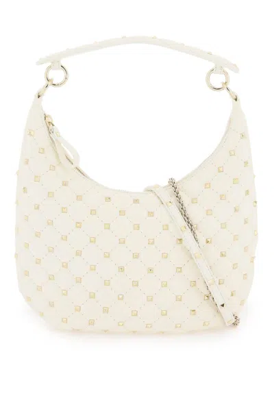 Shop Valentino Small Leather 'rockstud Spike' Hobo Bag In Bianco