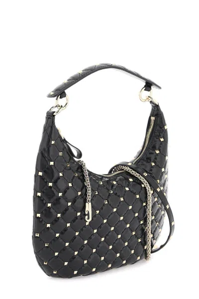 Shop Valentino Small Leather 'rockstud Spike' Hobo Bag In Nero
