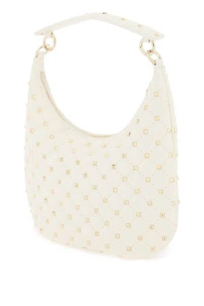 Shop Valentino Small Leather 'rockstud Spike' Hobo Bag In Bianco