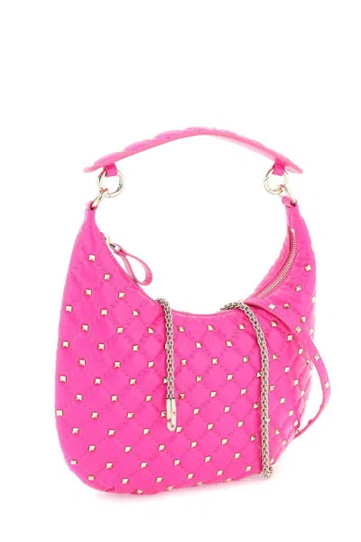 Shop Valentino Small Leather 'rockstud Spike' Hobo Bag In Fuxia