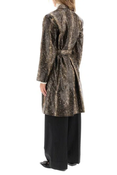 Shop Ganni Snake-effect Faux Leather Trench Coat In Marrone
