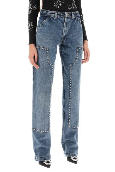 Shop Des_phemmes Straight Cut Jeans With Rhinestones In Blu