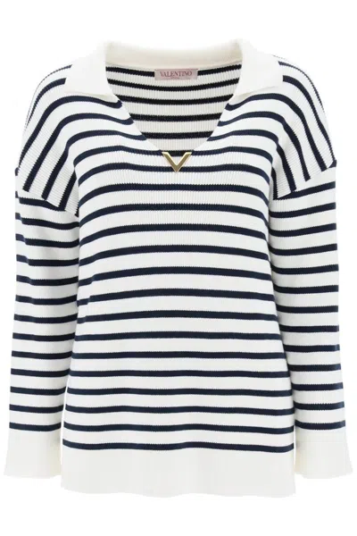 Shop Valentino Striped Cotton Knit Sweater With V Gold Detailing In Bianco