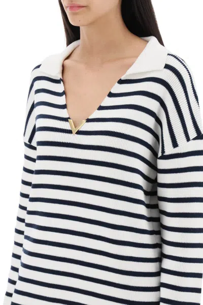 Shop Valentino Striped Cotton Knit Sweater With V Gold Detailing In Bianco