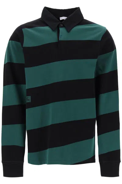 Shop Burberry Striped Long Sleeve Polo Shirt In Verde