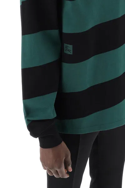 Shop Burberry Striped Long Sleeve Polo Shirt In Verde