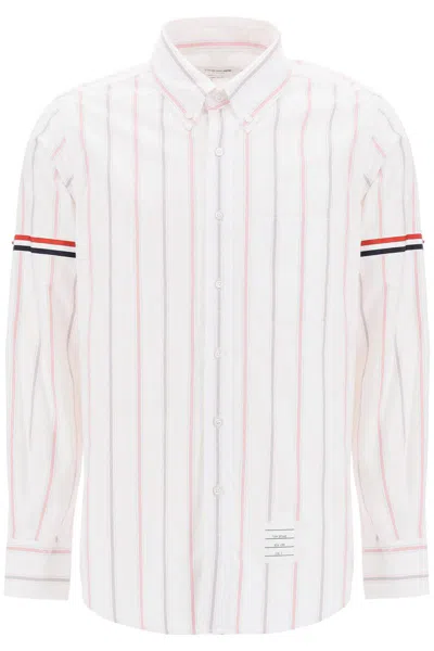 Shop Thom Browne Striped Oxford Button-down Shirt With Armbands In Bianco