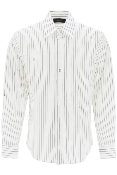 Shop Amiri Striped Shirt With Staggered Logo In Bianco