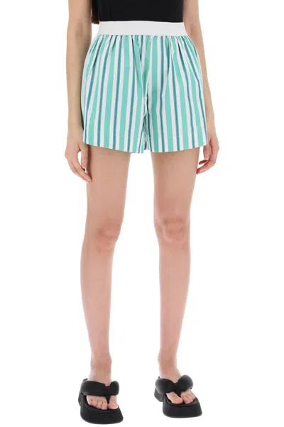 Shop Ganni Striped Shorts With Elastic Waistband In Verde