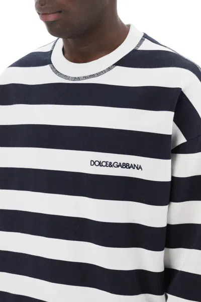 Shop Dolce & Gabbana Striped Sweatshirt With Embroidered Logo In Bianco